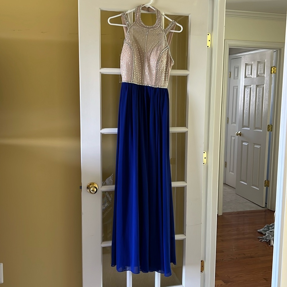 Full Length Prom Dress Size 5, Electric Blue & Taupe. Jewel Embellished Body.
